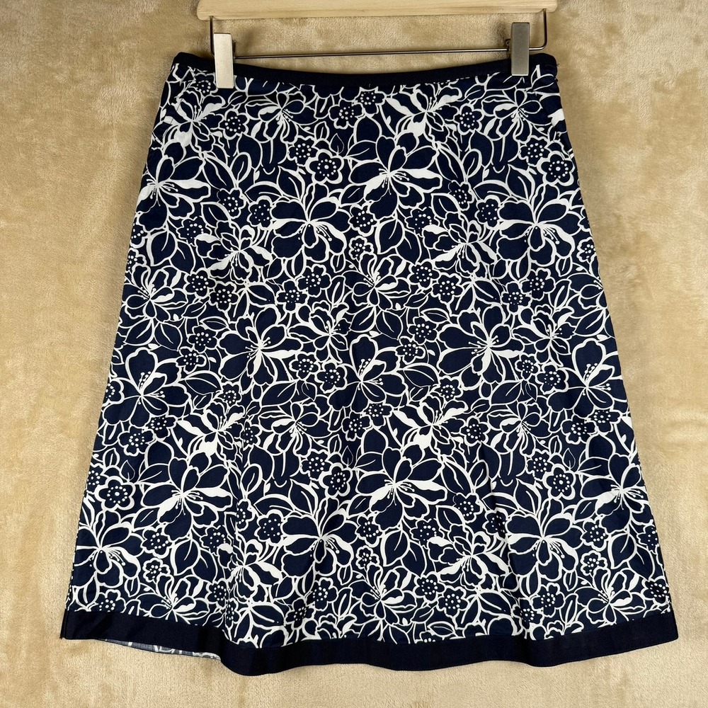 L.L.Bean Floral A-Line Skirt Womens 4 Navy White‎ Cotton Lined Preppy Spring